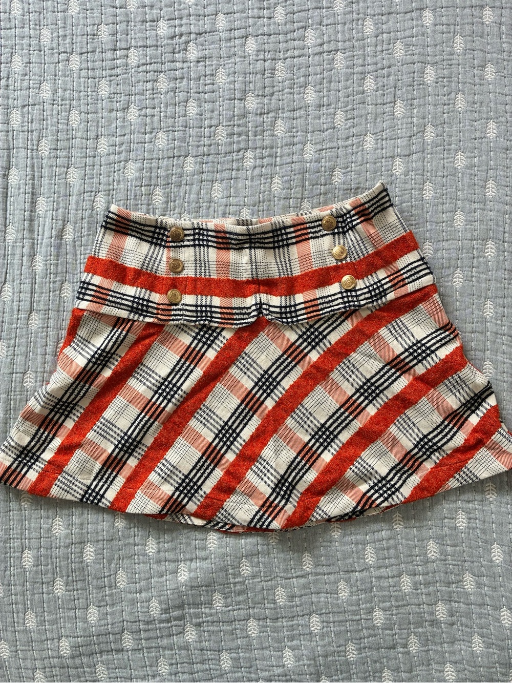 Maeve Anthropologie Plaid Flared Mini Skirt with Gold Buttons - Orange and Black